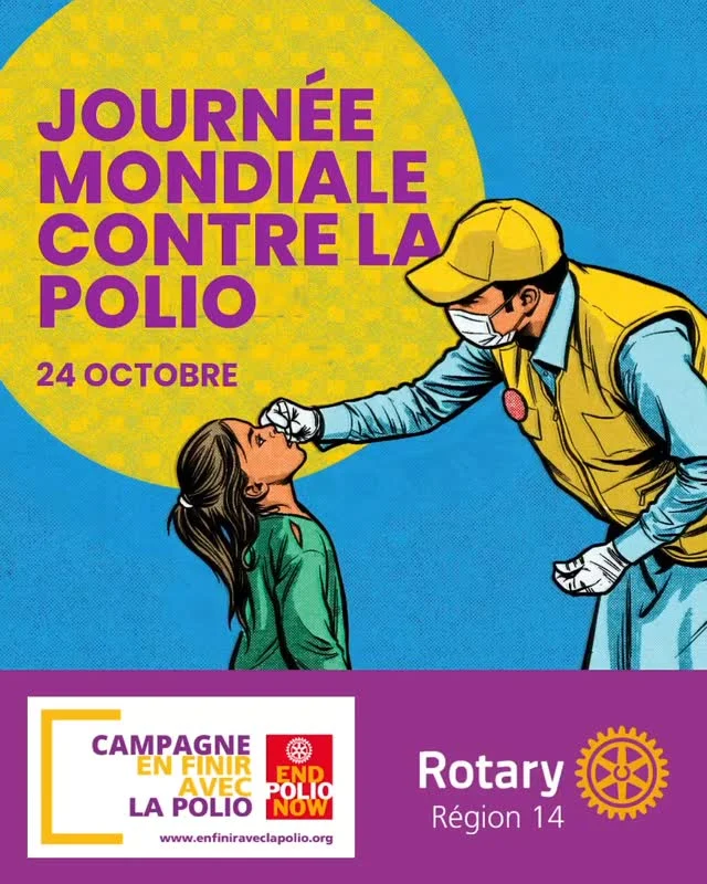 🌍 24 octobre | Journée mondiale contre la Polio 

Depuis plus de 40 ans, le Rotary agit pour protéger les enfants et faire reculer la poliomyélite partout dans le monde.

Le 24 octobre est l’occasion de rappeler cette mobilisation exceptionnelle et surtout de poursuivre l’effort jusqu’au dernier enfant vacciné.

💛 Parce que tant que la polio existe quelque part, notre engagement doit continuer
 
#EnFinirAvecLaPolio #cerclepolioplus